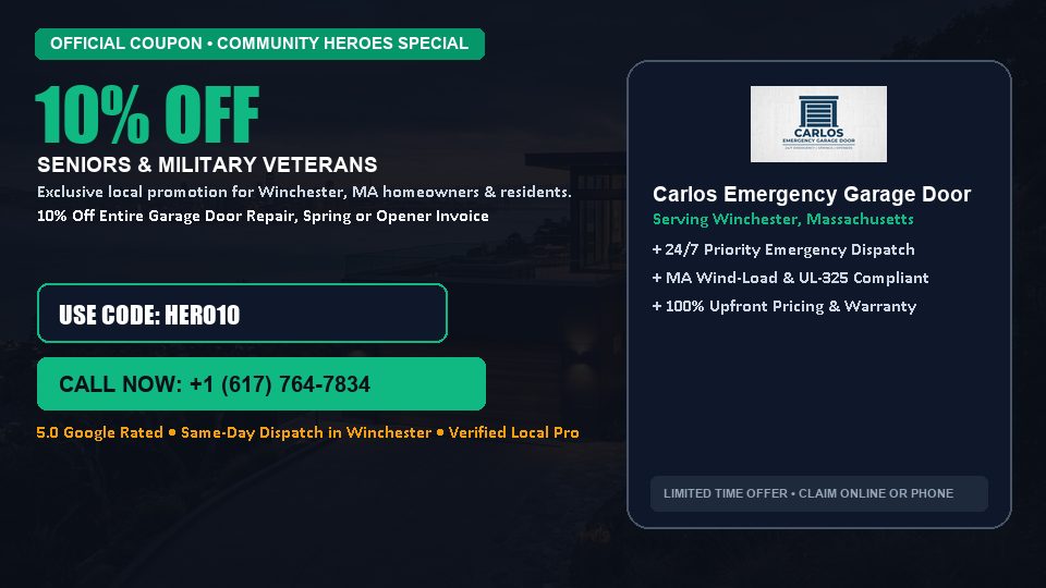 Carlos Emergency Garage Door 10% OFF Seniors & Military Veterans in Winchester, MA